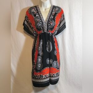 Vibrant Orange and Black Patterned Dress Medium